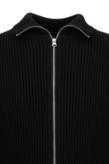 Siyah Dik Yaka Su Geçirmez Cepli Yün Fermuarlı Triko Hırka