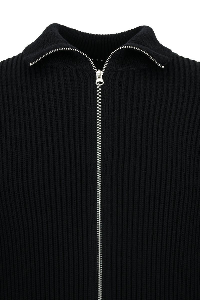 Siyah Dik Yaka Su Geçirmez Cepli Yün Fermuarlı Triko Hırka