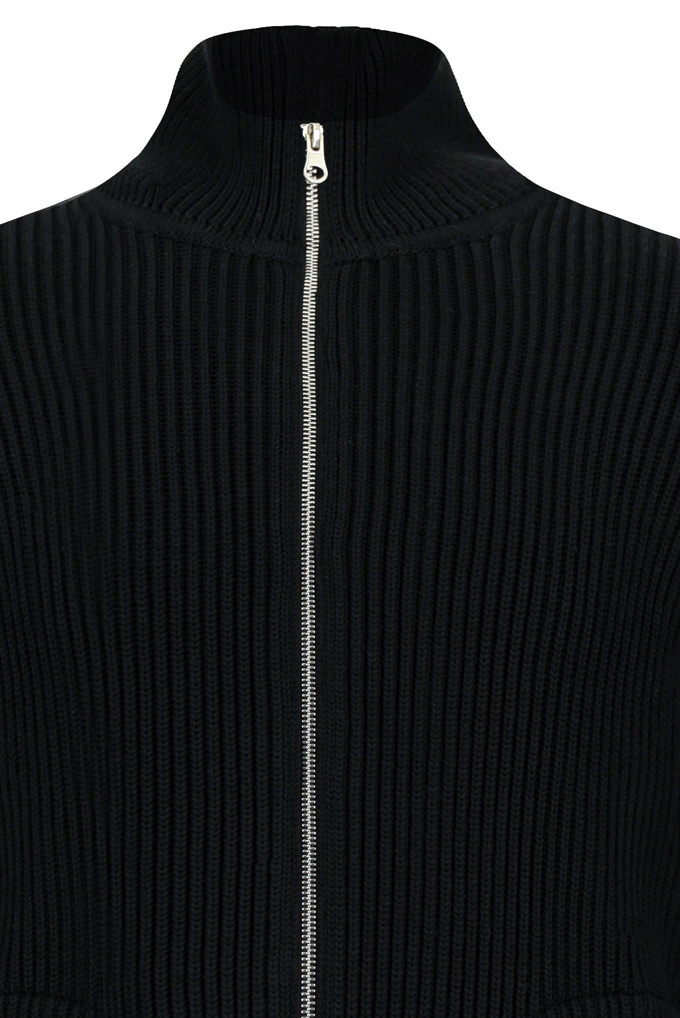 Siyah Dik Yaka Su Geçirmez Cepli Yün Fermuarlı Triko Hırka