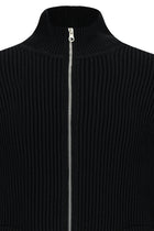 Siyah Dik Yaka Su Geçirmez Cepli Yün Fermuarlı Triko Hırka