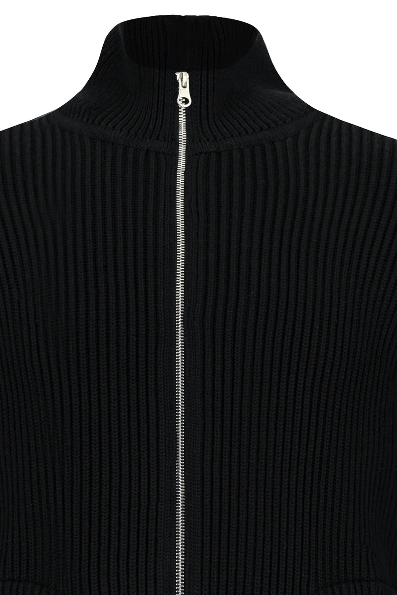 Siyah Dik Yaka Su Geçirmez Cepli Yün Fermuarlı Triko Hırka