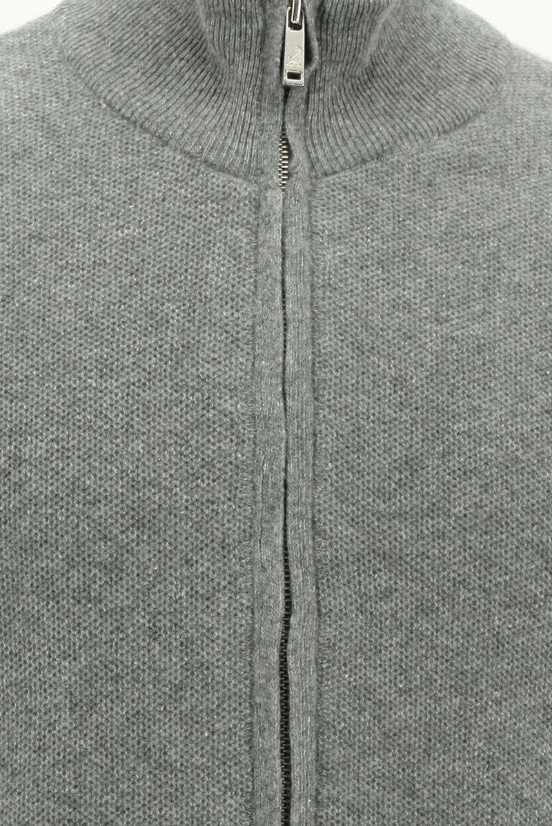 Orta Gri Melanj Desenli Fermuarlı Yünlü Triko Hırka