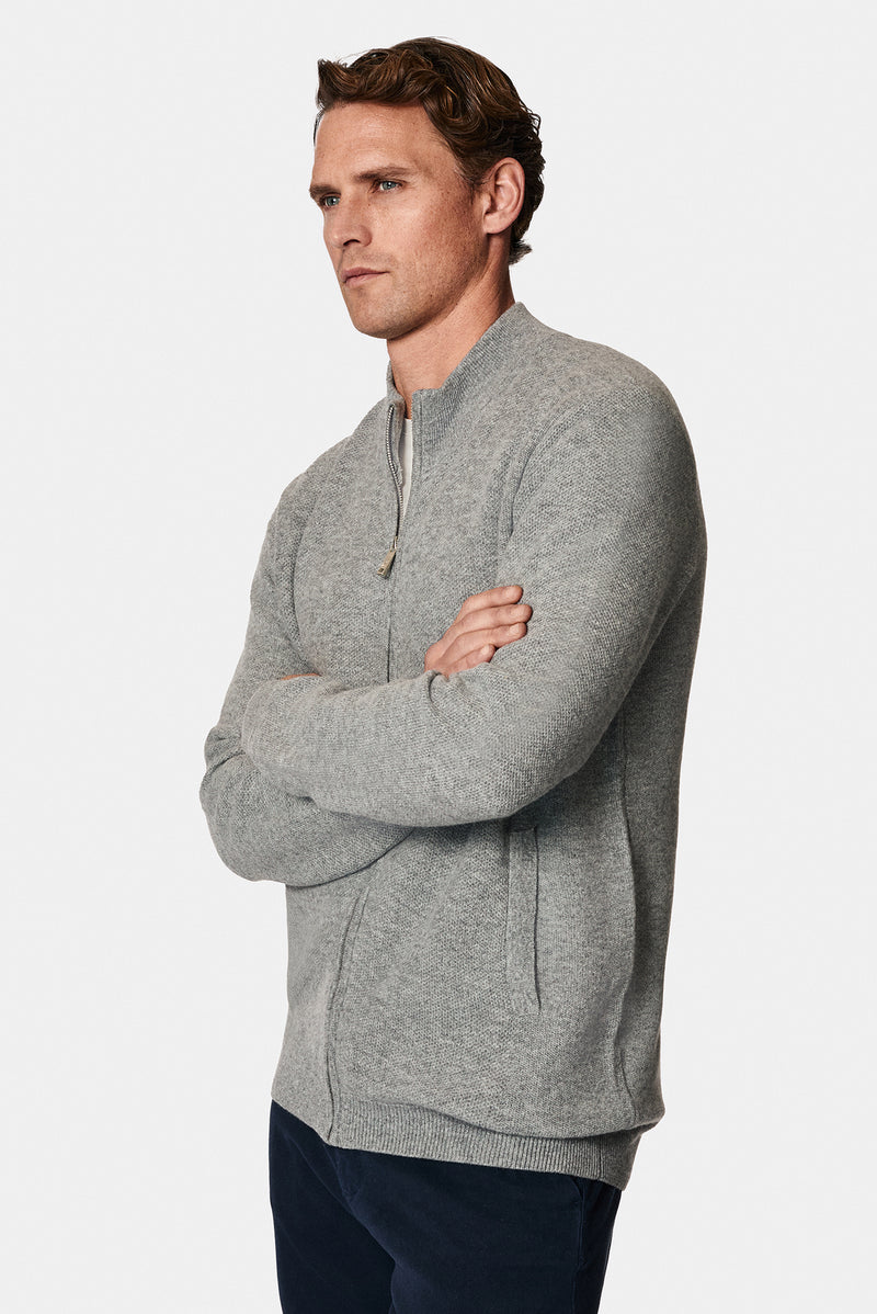 Orta Gri Melanj Desenli Fermuarlı Yünlü Triko Hırka