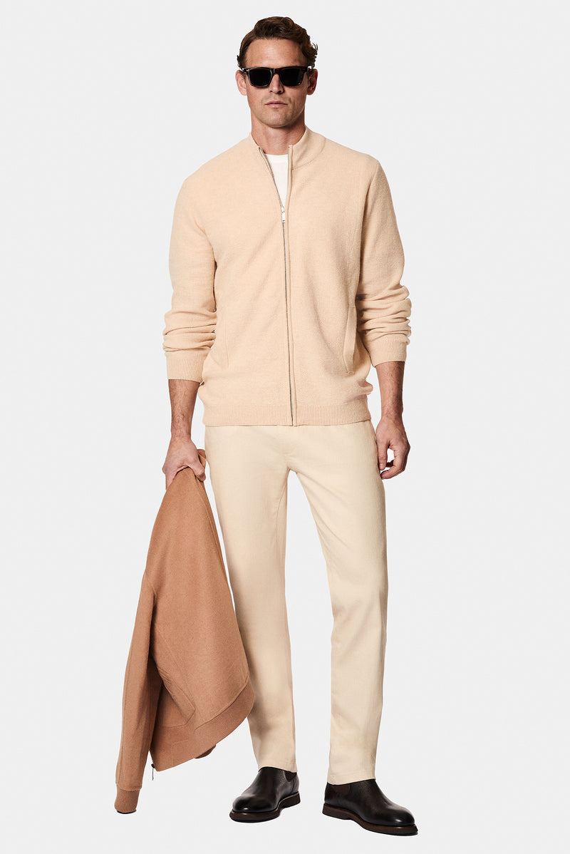 Açık Bej Desenli Fermuarlı Yünlü Triko Hırka