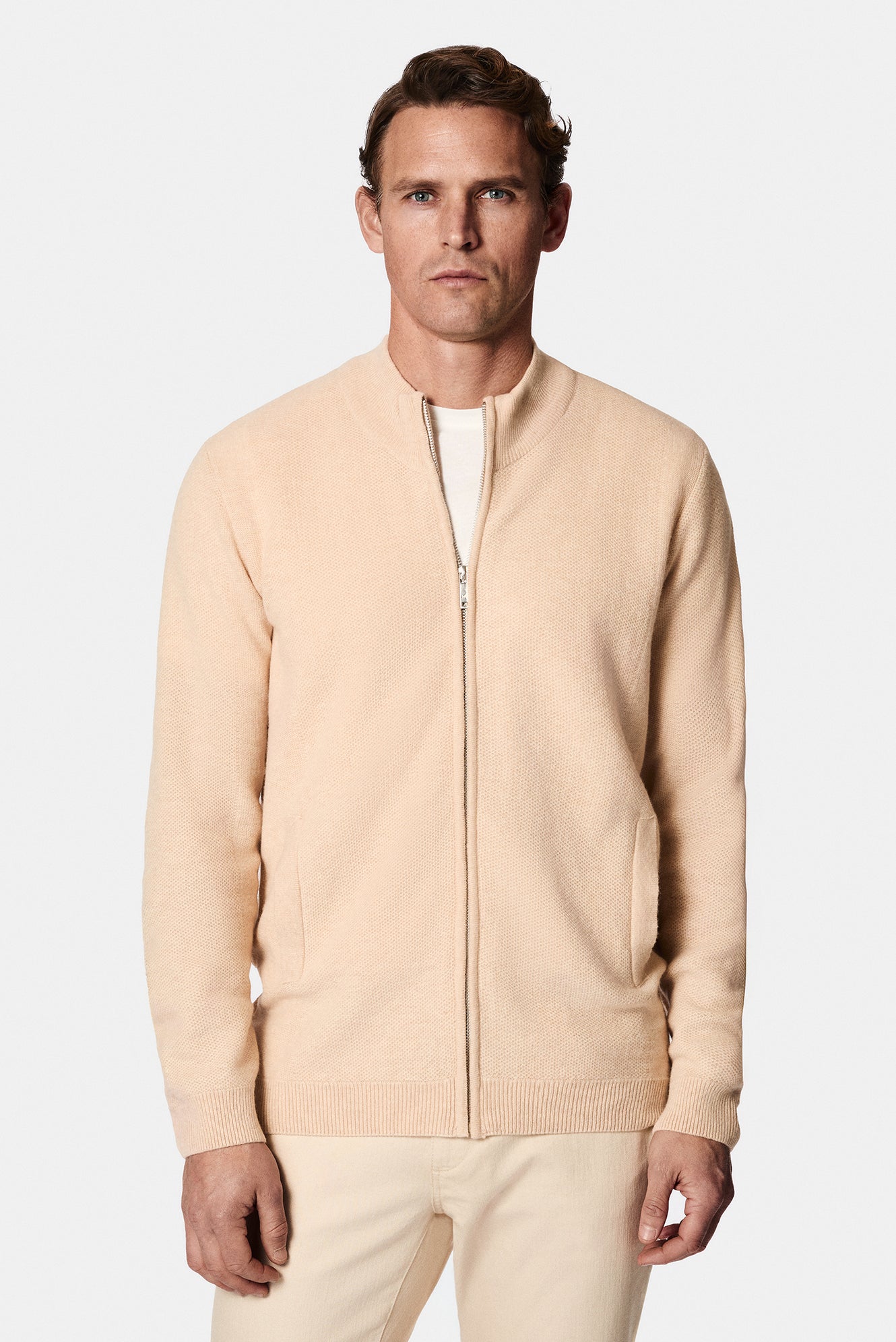 Aç?k Bej Desenli Fermuarl? Yünlü Triko H?rka-Abdullah Ki??l?