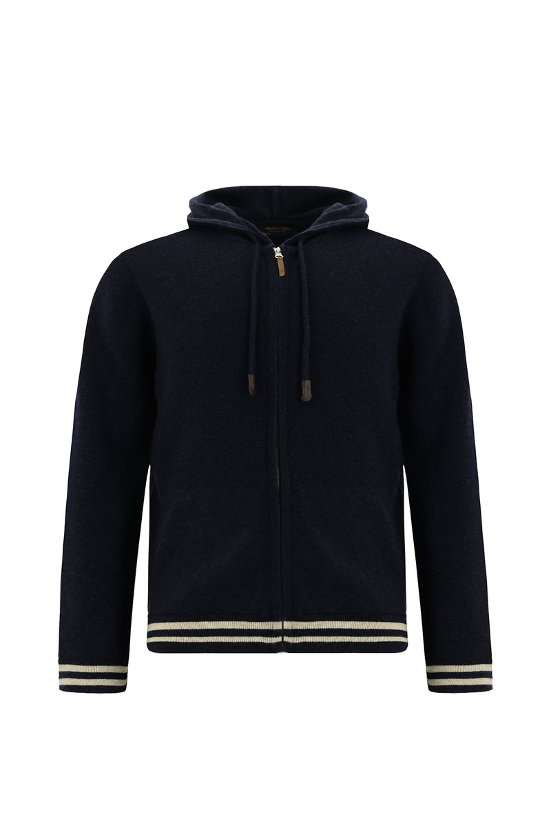 Koyu Lacivert Kapüşonlu Fermuarlı Yünlü Triko Hırka