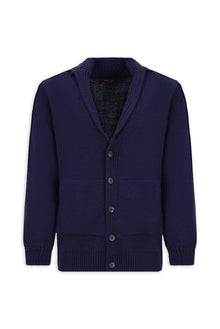 Koyu Lacivert Alpaka Yünlü Şal Yaka Düğmeli Cepli Triko Hırka / Ceket