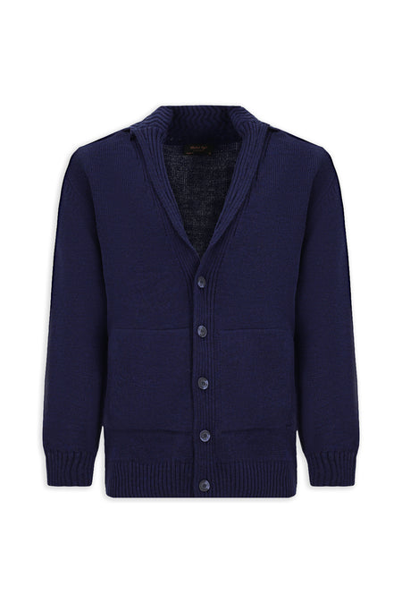 Koyu Lacivert Alpaka Yünlü Şal Yaka Düğmeli Cepli Triko Hırka / Ceket