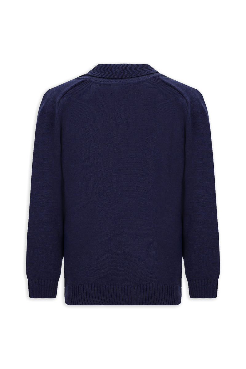 Koyu Lacivert Alpaka Yünlü Şal Yaka Düğmeli Cepli Triko Hırka / Ceket