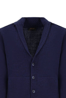 Koyu Lacivert Alpaka Yünlü Şal Yaka Düğmeli Cepli Triko Hırka / Ceket