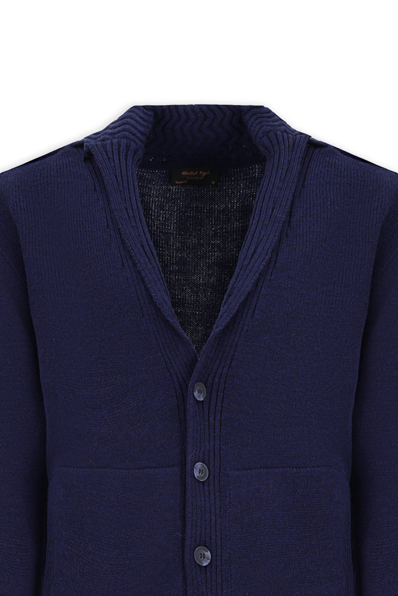 Koyu Lacivert Alpaka Yünlü Şal Yaka Düğmeli Cepli Triko Hırka / Ceket