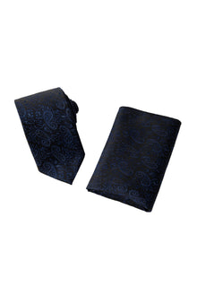 Lacivert 2'li İpek Karışımlı Desenli Kravat & Mendil Seti