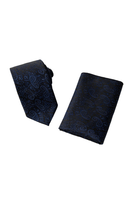 Lacivert 2'li İpek Karışımlı Desenli Kravat & Mendil Seti