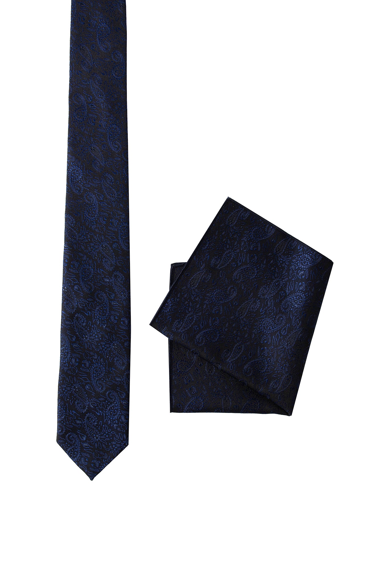 Lacivert 2'li İpek Karışımlı Desenli Kravat & Mendil Seti