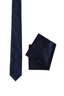 Lacivert 2'li İpek Karışımlı Desenli Kravat & Mendil Seti