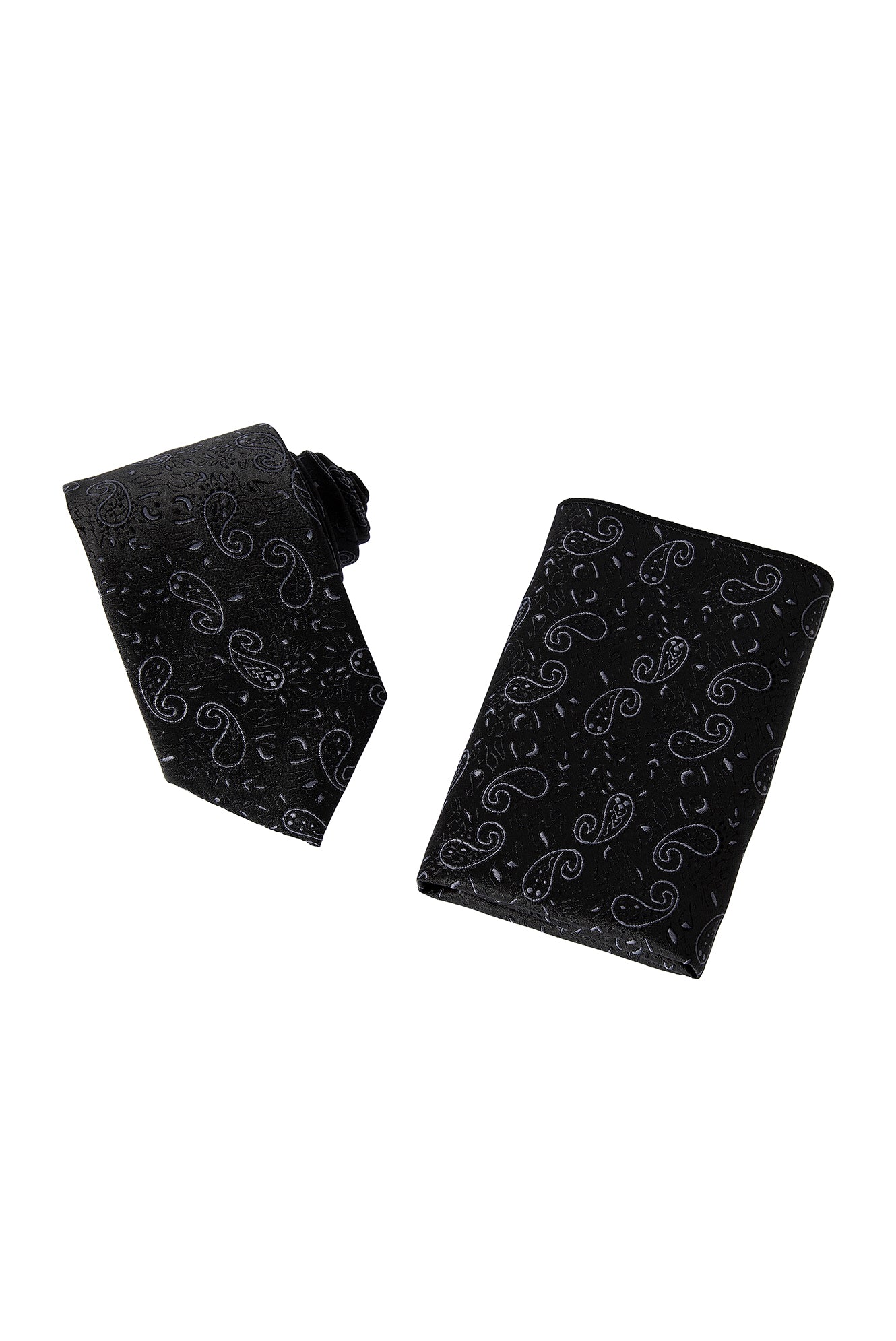 Siyah 2'li İpek Karışımlı Desenli Kravat & Mendil Seti