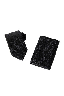 Siyah 2'li İpek Karışımlı Desenli Kravat & Mendil Seti