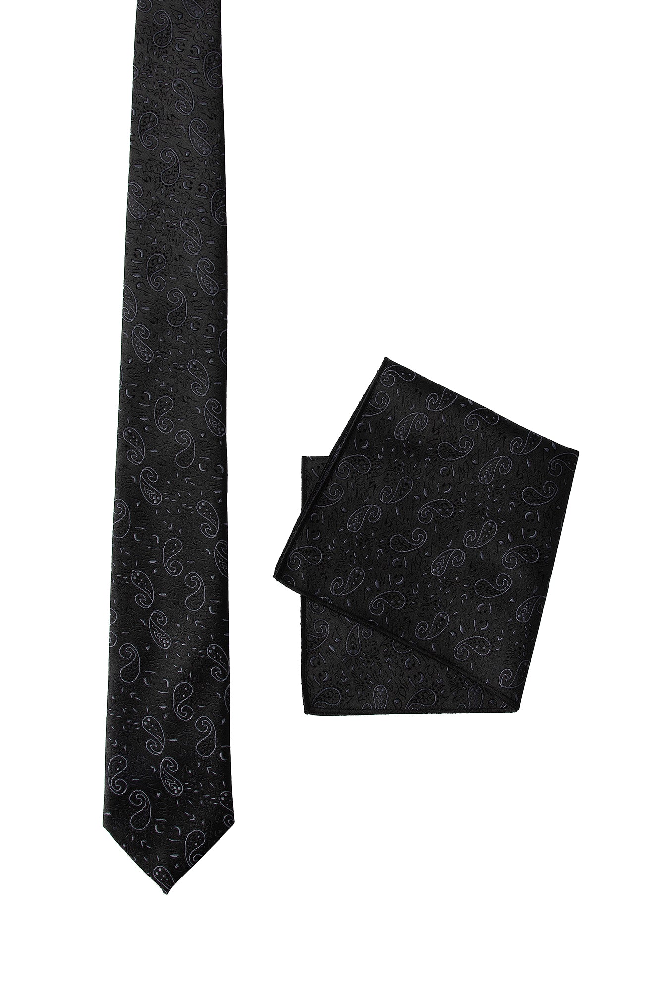 Siyah 2'li İpek Karışımlı Desenli Kravat & Mendil Seti