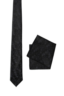 Siyah 2'li İpek Karışımlı Desenli Kravat & Mendil Seti