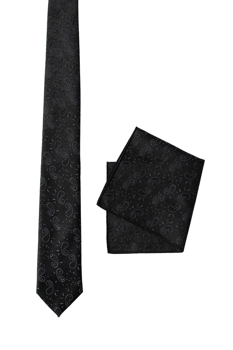 Siyah 2'li İpek Karışımlı Desenli Kravat & Mendil Seti