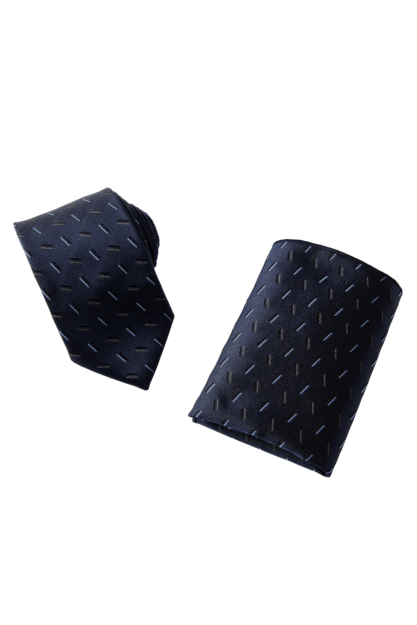 Lacivert 2'li İpek Karışımlı Desenli Kravat & Mendil Seti