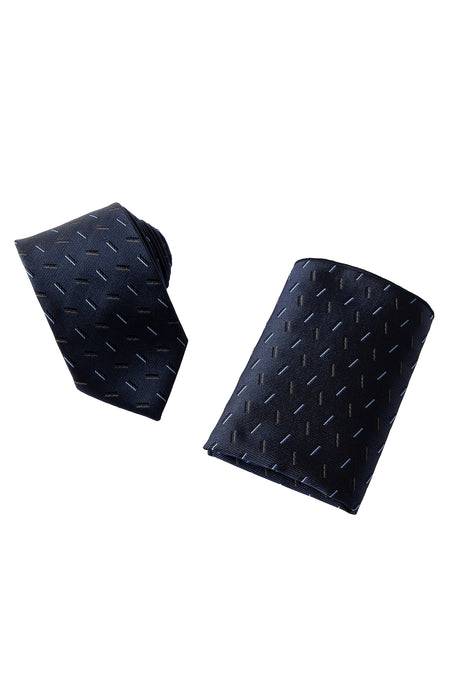 Lacivert 2'li İpek Karışımlı Desenli Kravat & Mendil Seti