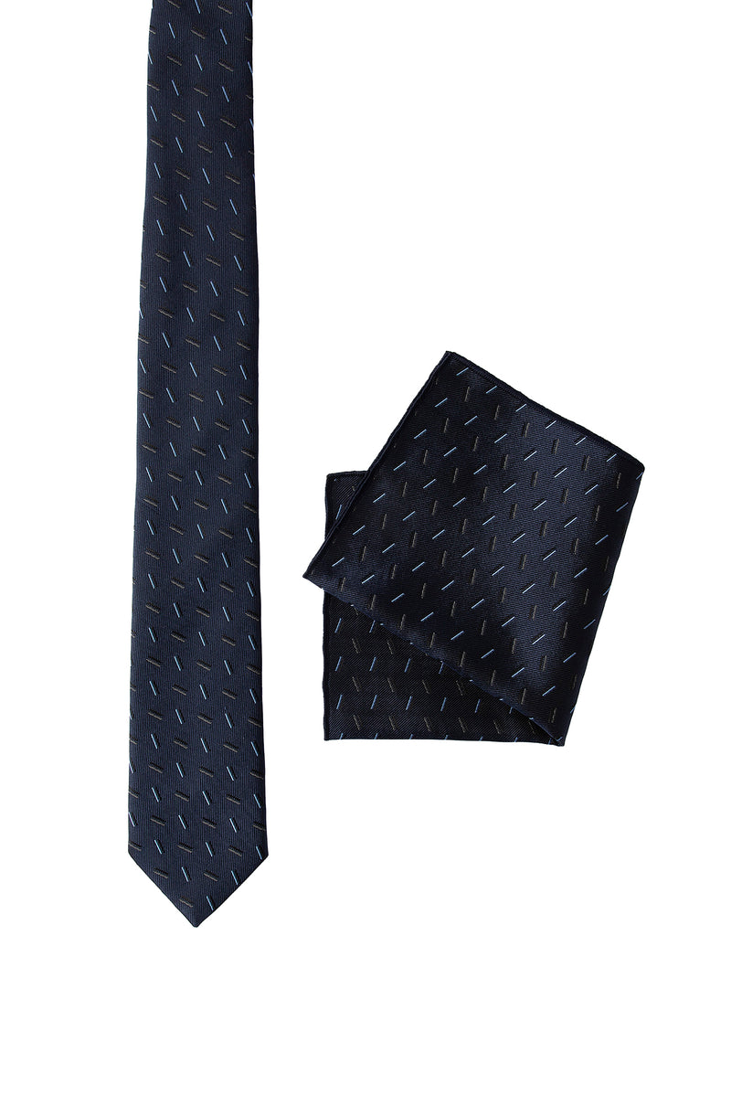Lacivert 2'li İpek Karışımlı Desenli Kravat & Mendil Seti