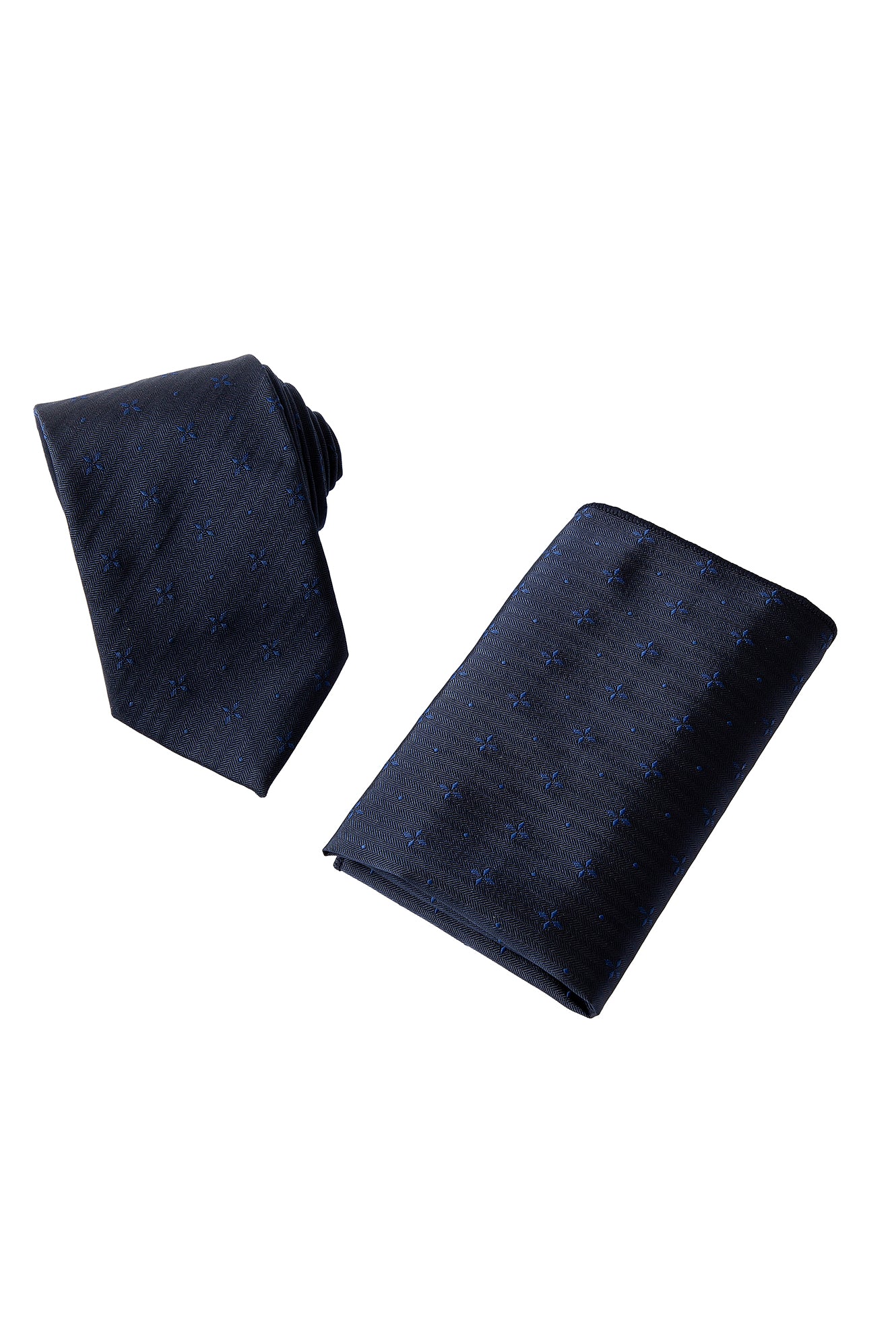 Koyu Lacivert 2'li İpek Karışımlı Desenli Kravat & Mendil Seti