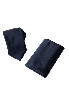 Koyu Lacivert 2'li İpek Karışımlı Desenli Kravat & Mendil Seti