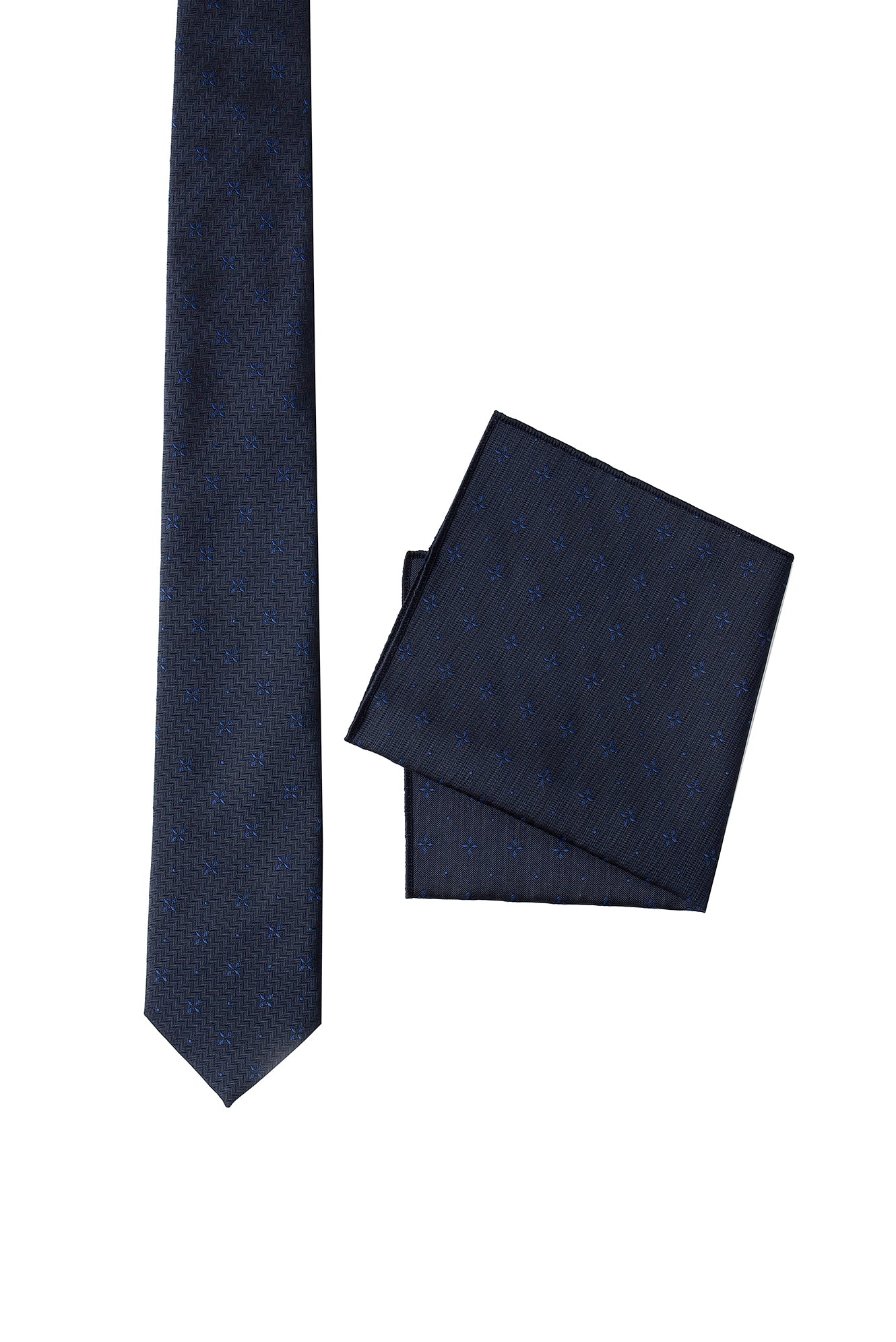 Koyu Lacivert 2'li İpek Karışımlı Desenli Kravat & Mendil Seti