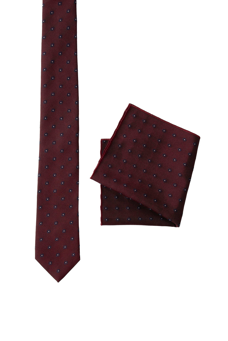 Koyu Bordo 2'li İpek Karışımlı Desenli Kravat & Mendil Seti
