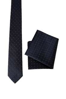 Lacivert 2'li İpek Karışımlı Desenli Kravat & Mendil Seti