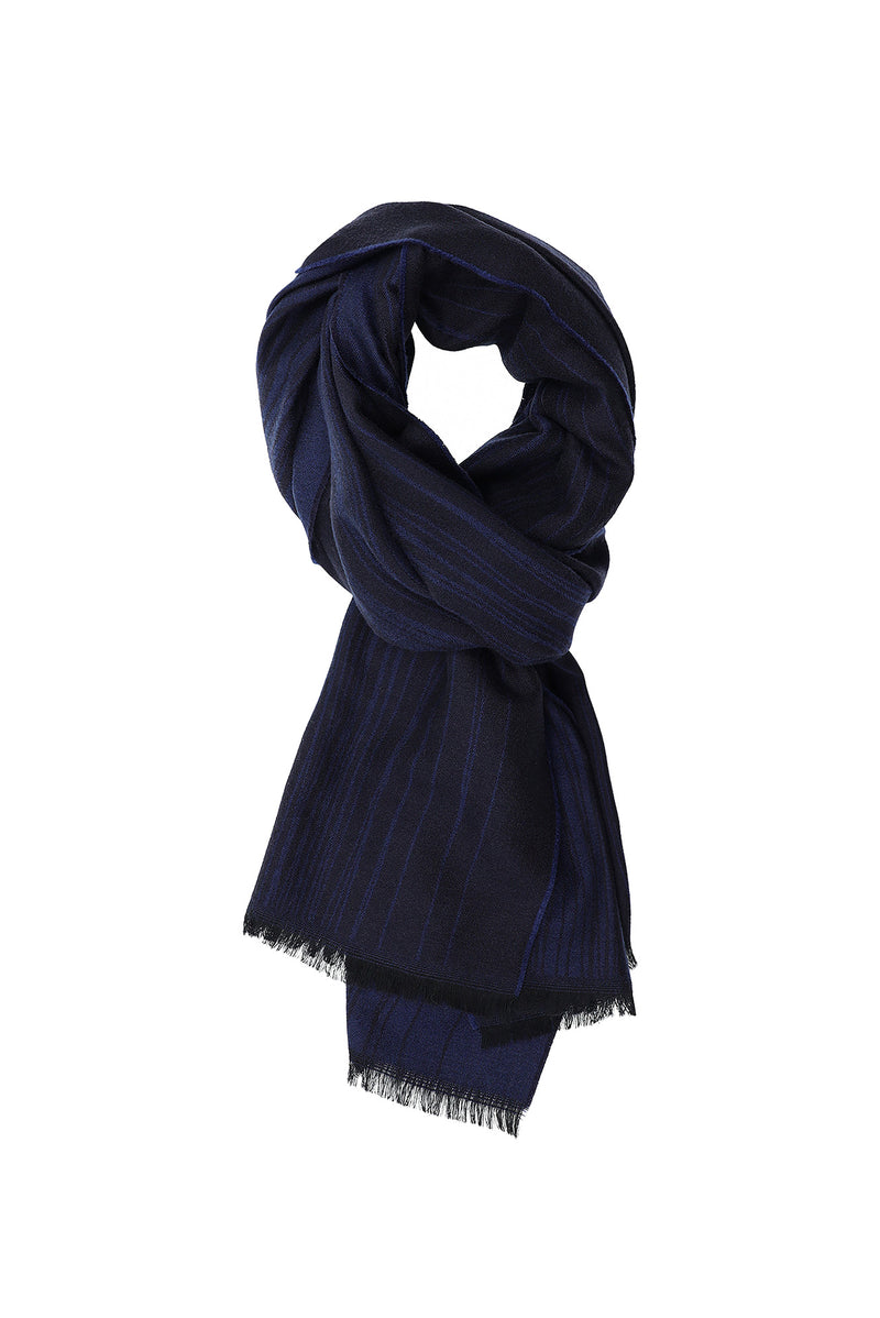 Orta Lacivert İtalyan Yün/İpek Desenli Atkı (45X180 CM)