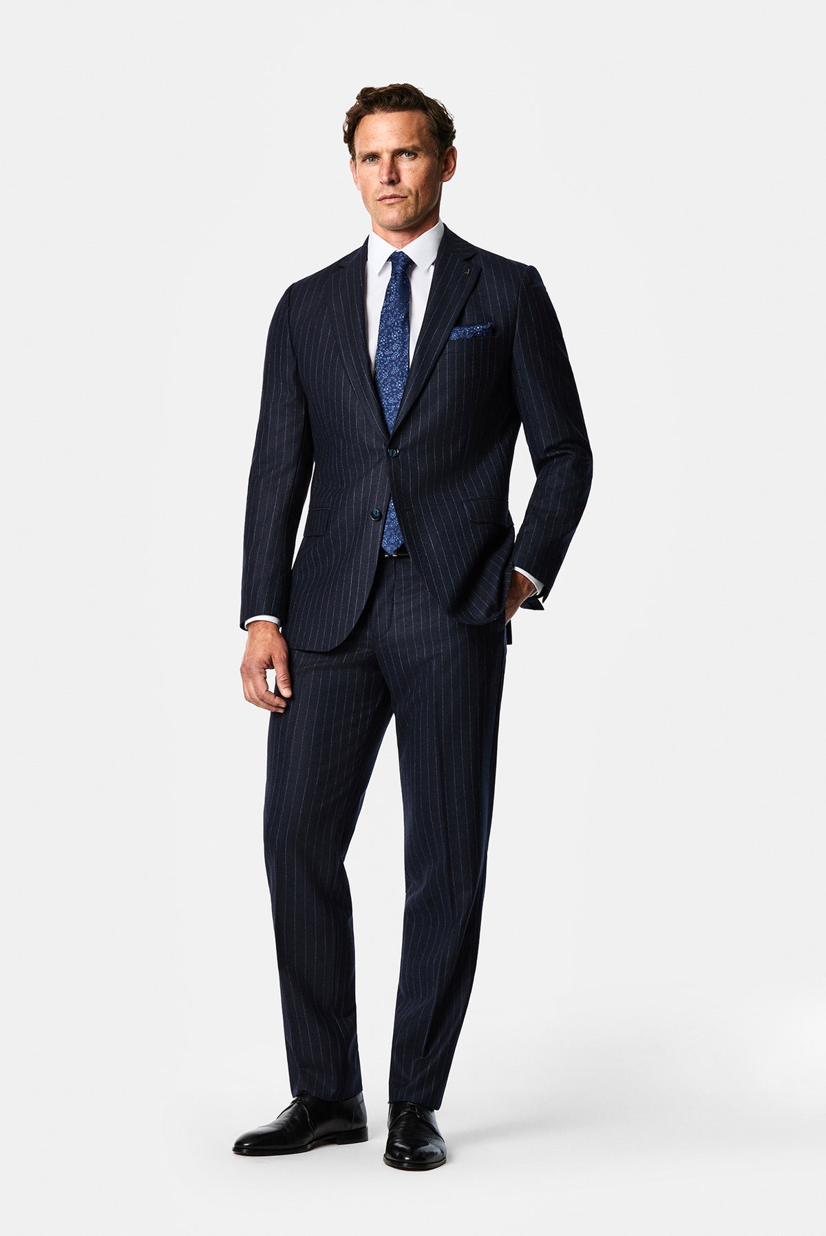Koyu Lacivert 6 Drop Regular Fit Mono Yaka Çizgili Yün & Kaşmir Karışımlı İtalyan Takım Elbise