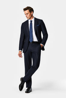 Koyu Lacivert 6 Drop Regular Fit Mono Yaka Çizgili Yün & Kaşmir Karışımlı İtalyan Takım Elbise