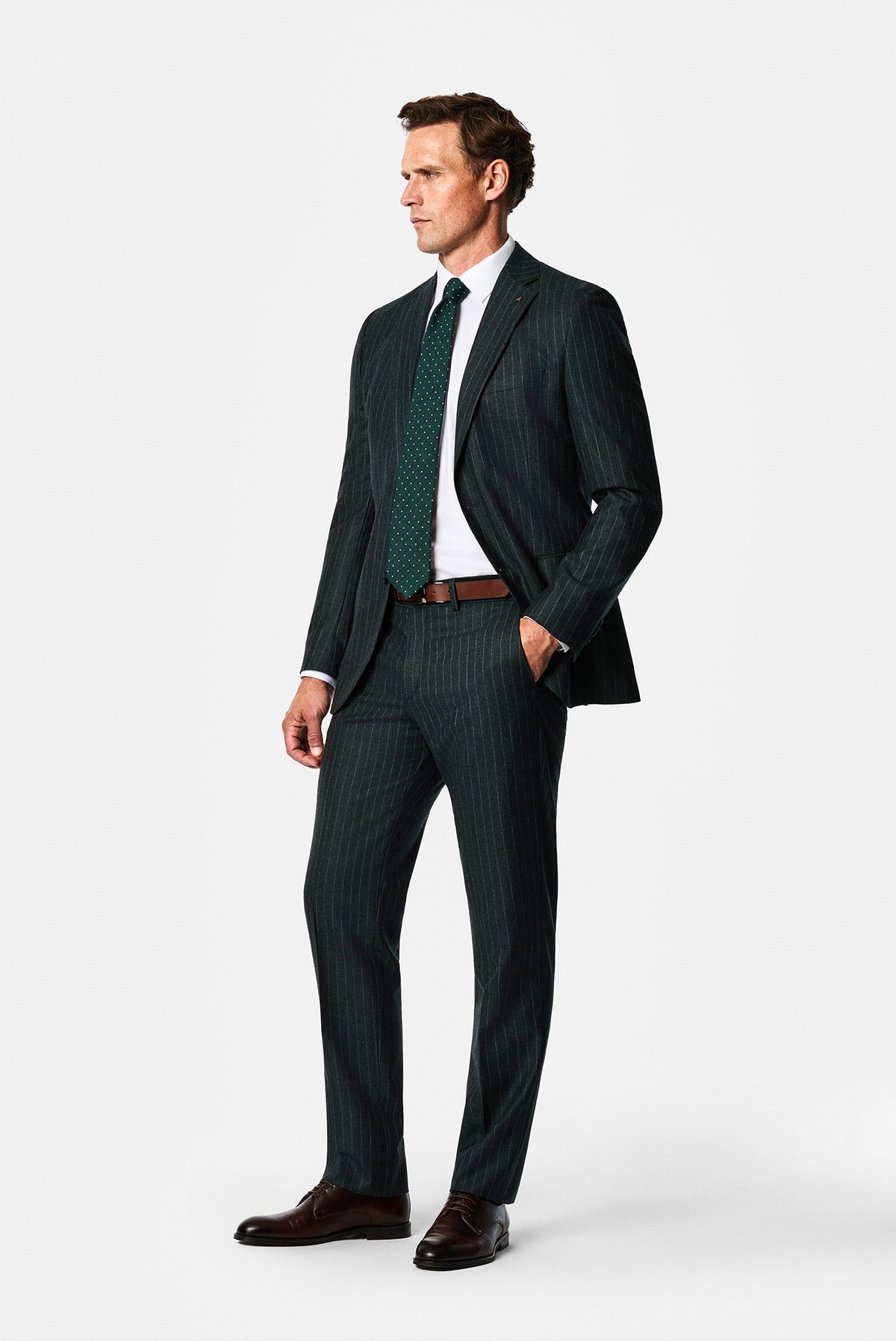 Koyu Haki 6 Drop Regular Fit Mono Yaka Çizgili Yün & Kaşmir Karışımlı İtalyan Takım Elbise