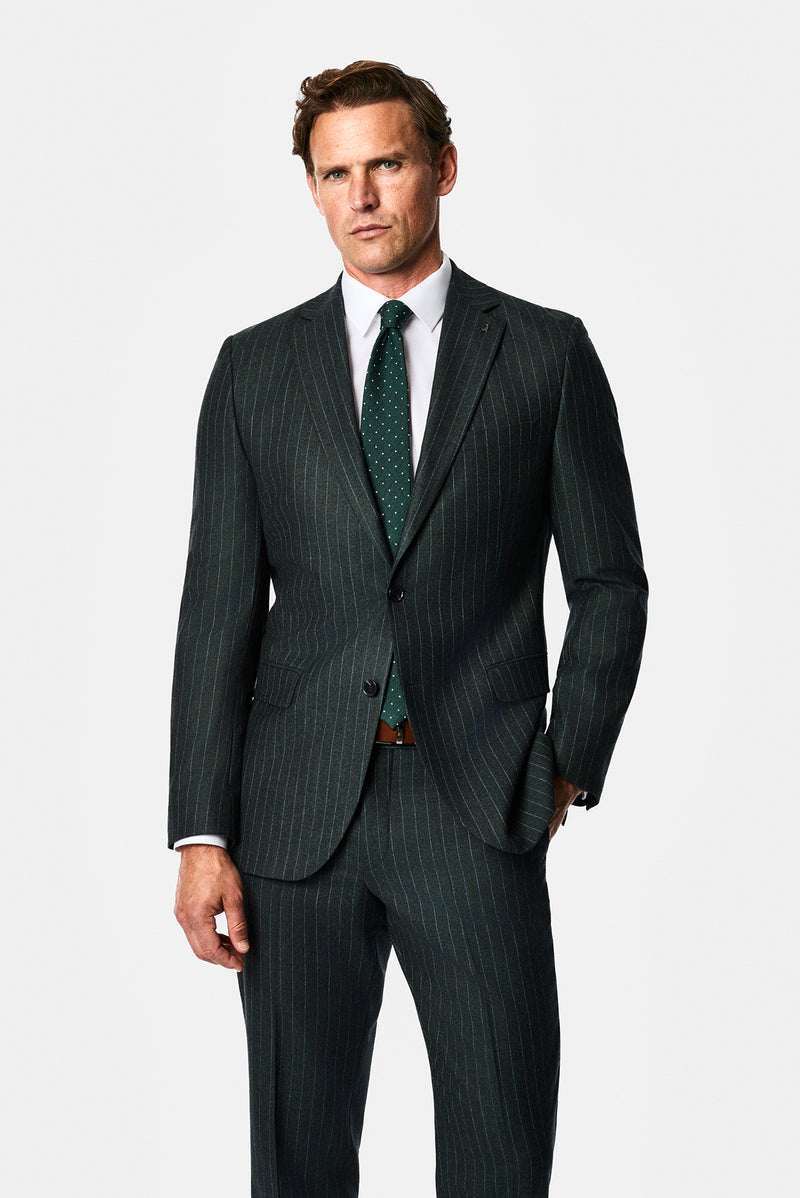 Koyu Haki 6 Drop Regular Fit Mono Yaka Çizgili Yün & Kaşmir Karışımlı İtalyan Takım Elbise