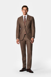 Orta Kahve 7 Drop Slim Fit Sivri Yaka Çizgili Yün & Kaşmir Karışımlı İtalyan Takım Elbise