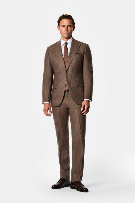 Orta Kahve 7 Drop Slim Fit Sivri Yaka Çizgili Yün & Kaşmir Karışımlı İtalyan Takım Elbise