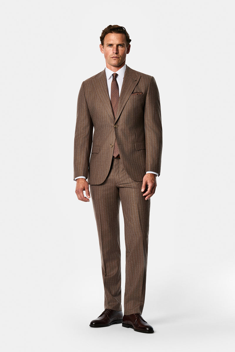 Orta Kahve 7 Drop Slim Fit Sivri Yaka Çizgili Yün & Kaşmir Karışımlı İtalyan Takım Elbise