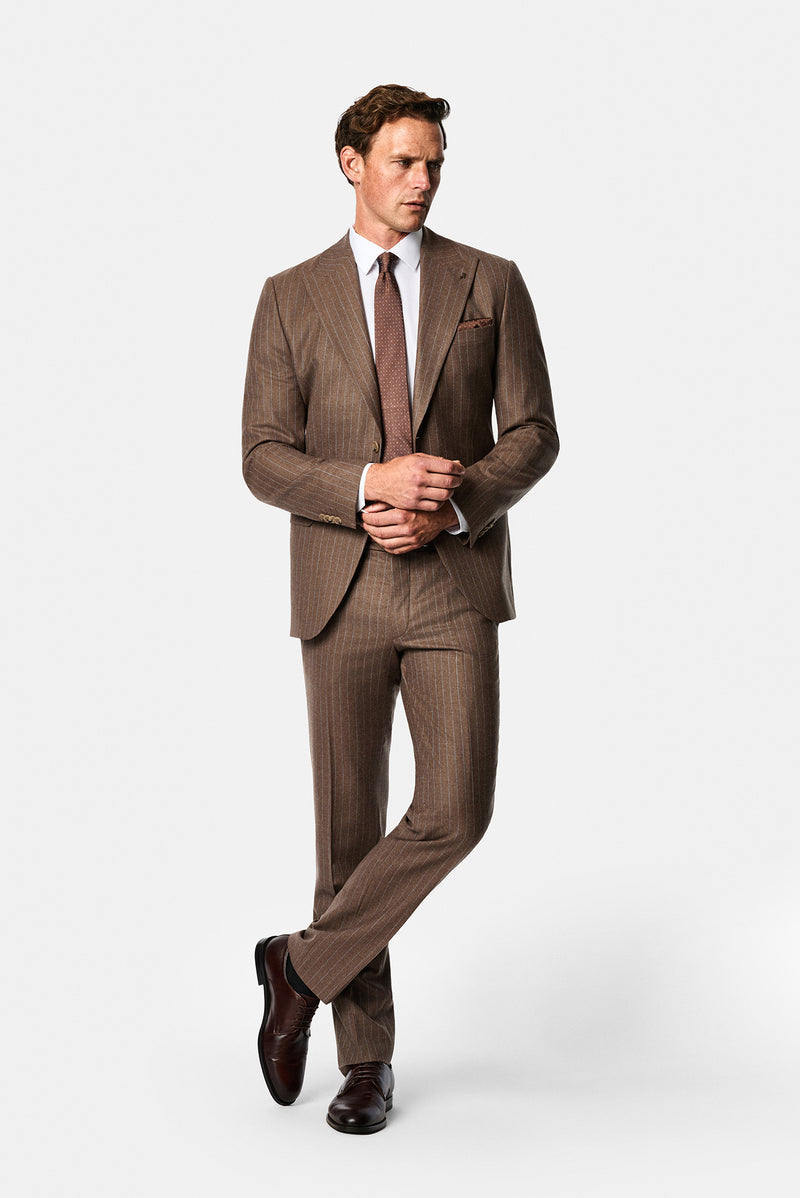 Orta Kahve 7 Drop Slim Fit Sivri Yaka Çizgili Yün & Kaşmir Karışımlı İtalyan Takım Elbise