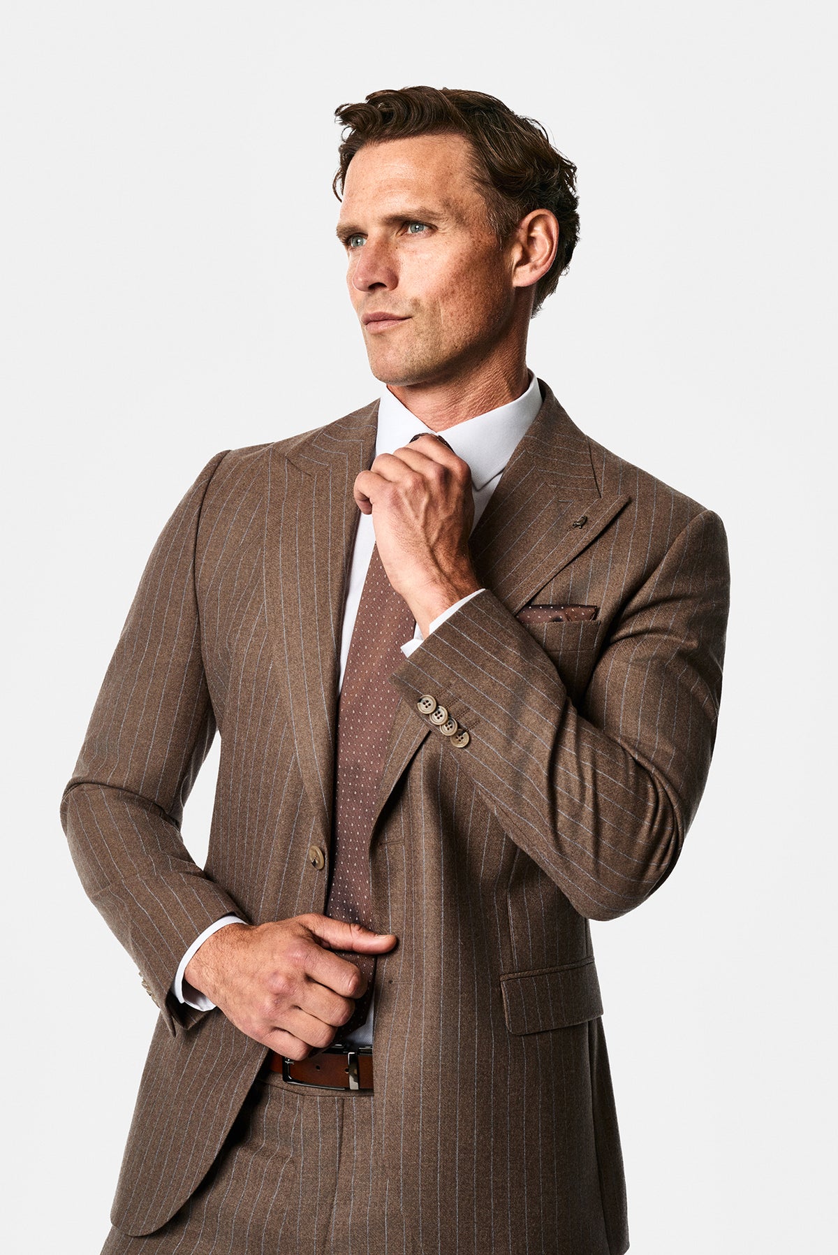 Orta Kahve 7 Drop Slim Fit Sivri Yaka Çizgili Yün & Kaşmir Karışımlı İtalyan Takım Elbise