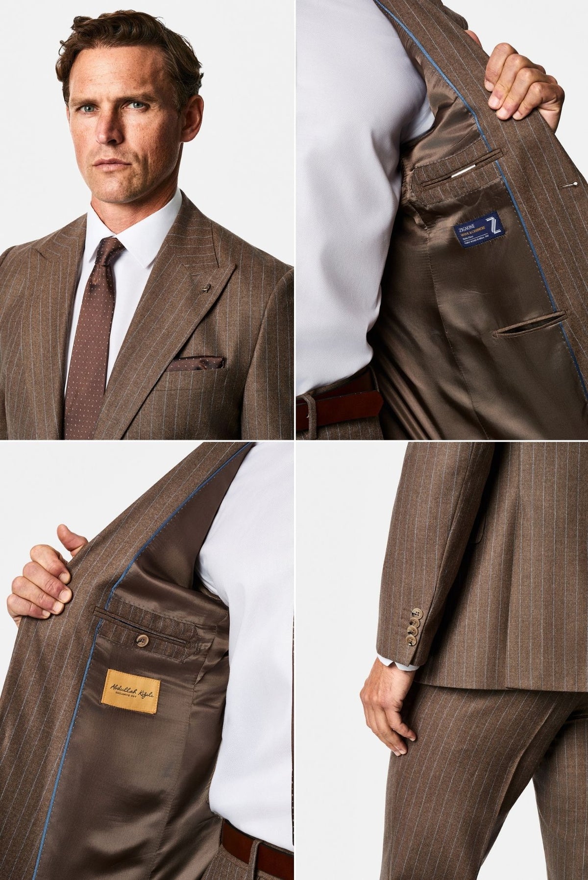 Orta Kahve 7 Drop Slim Fit Sivri Yaka Çizgili Yün & Kaşmir Karışımlı İtalyan Takım Elbise