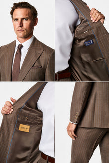 Orta Kahve 7 Drop Slim Fit Sivri Yaka Çizgili Yün & Kaşmir Karışımlı İtalyan Takım Elbise