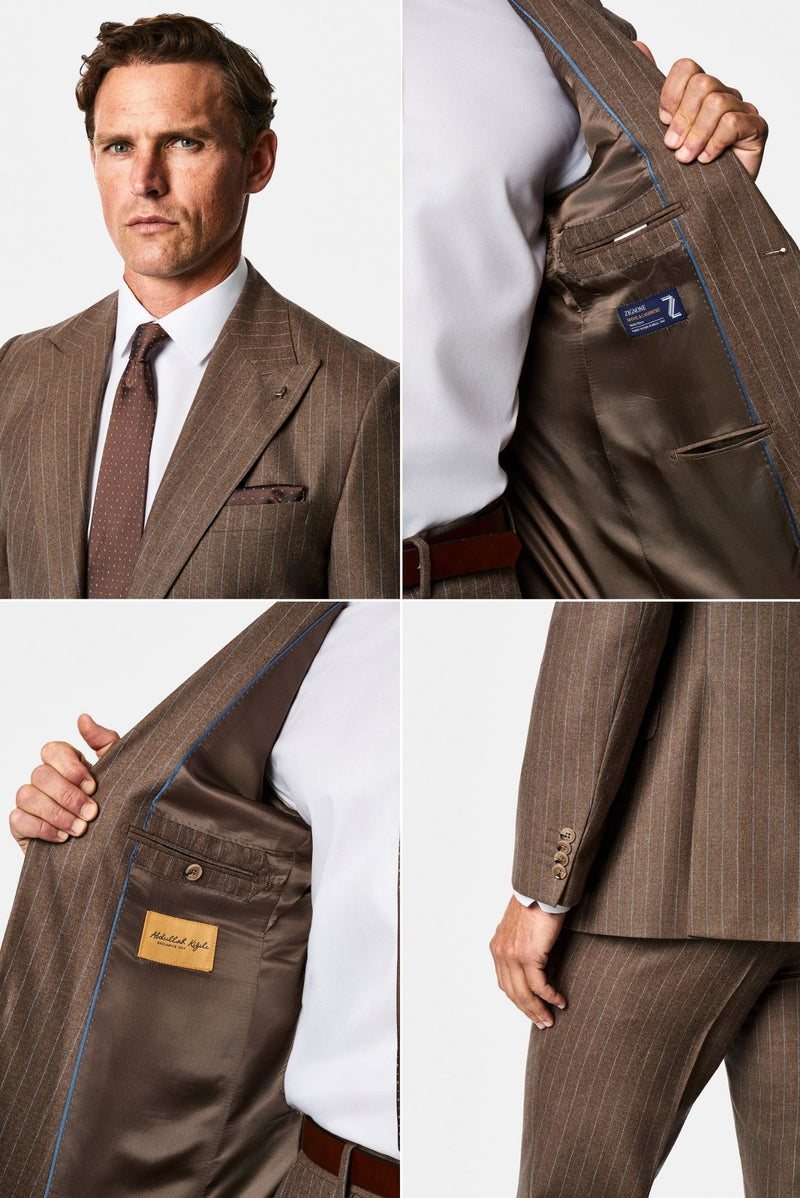 Orta Kahve 7 Drop Slim Fit Sivri Yaka Çizgili Yün & Kaşmir Karışımlı İtalyan Takım Elbise