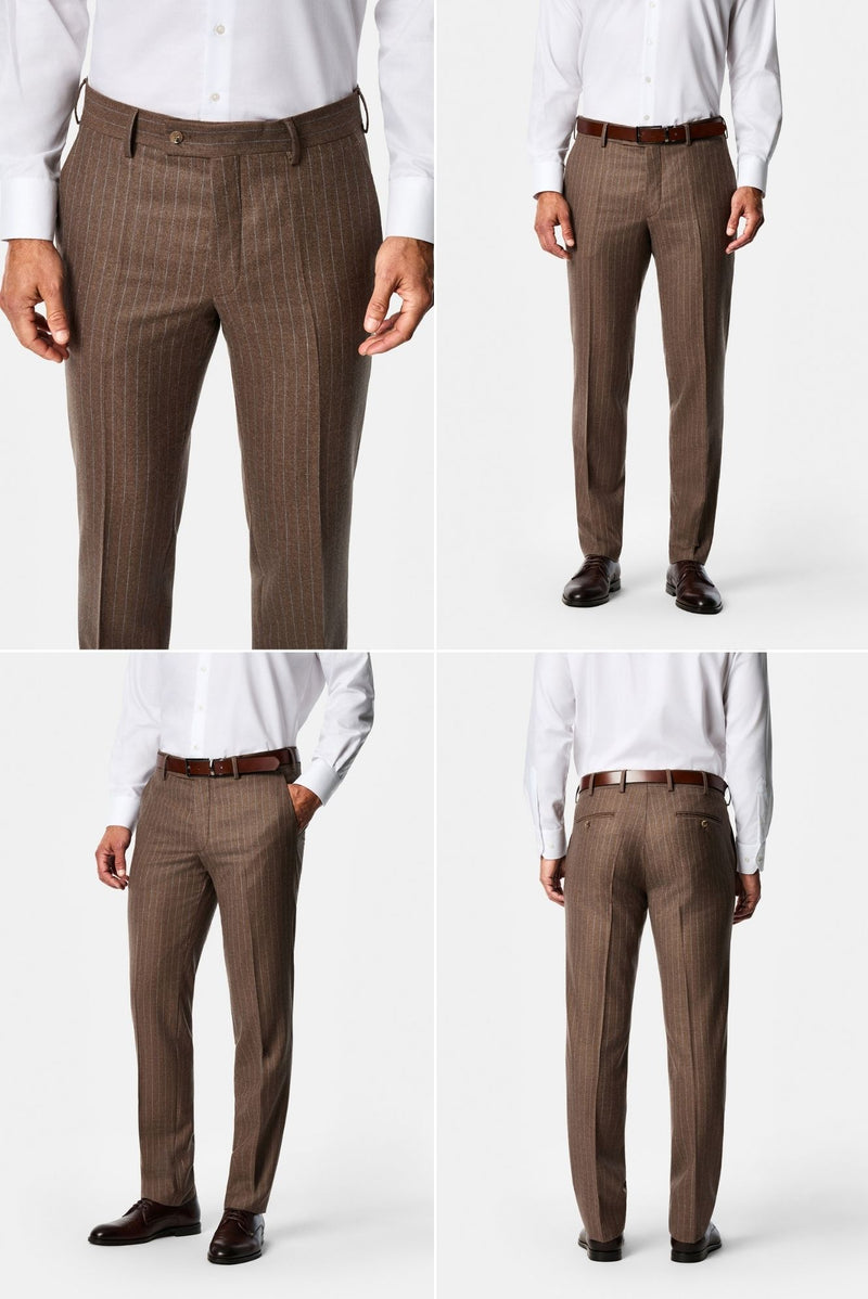 Orta Kahve 7 Drop Slim Fit Sivri Yaka Çizgili Yün & Kaşmir Karışımlı İtalyan Takım Elbise