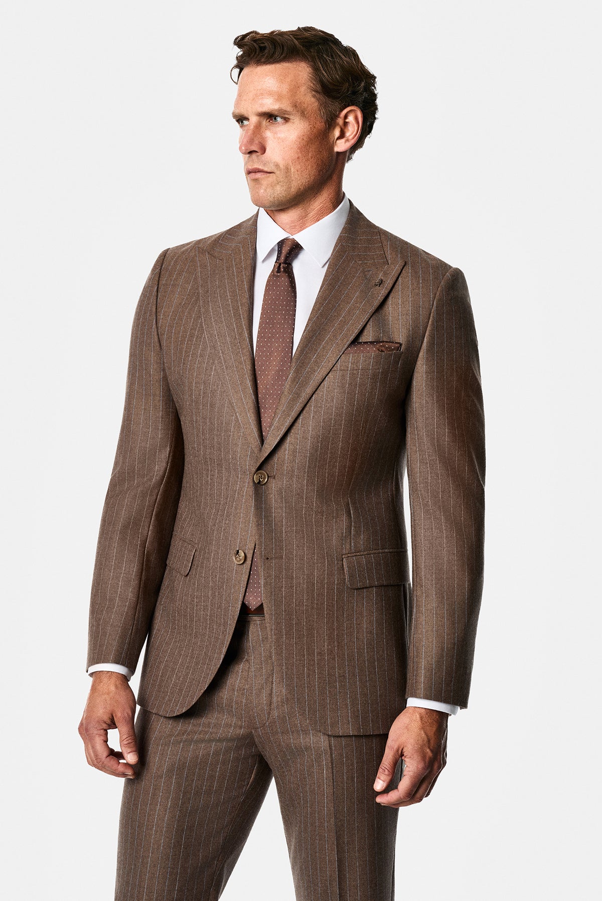 Orta Kahve 7 Drop Slim Fit Sivri Yaka Çizgili Yün & Kaşmir Karışımlı İtalyan Takım Elbise