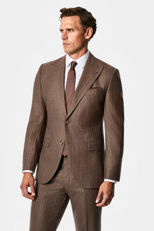 Orta Kahve 7 Drop Slim Fit Sivri Yaka Çizgili Yün & Kaşmir Karışımlı İtalyan Takım Elbise