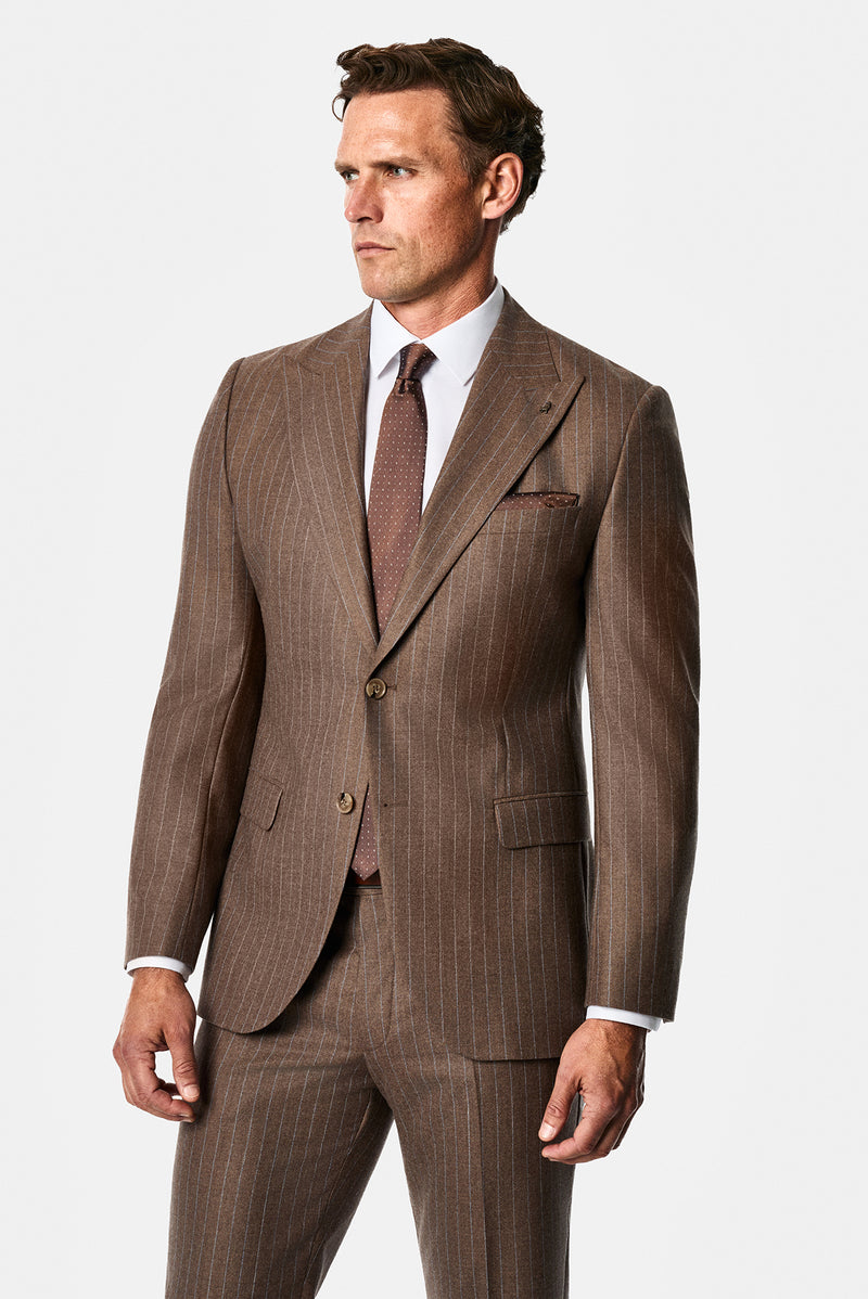 Orta Kahve 7 Drop Slim Fit Sivri Yaka Çizgili Yün & Kaşmir Karışımlı İtalyan Takım Elbise