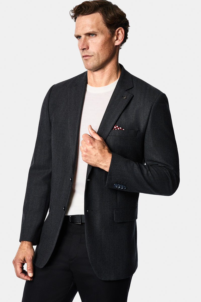 Koyu Antrasit 4 Drop Relaxed Fit Rahat Kesim Yünlü Desenli Mono Yaka Klasik Ceket